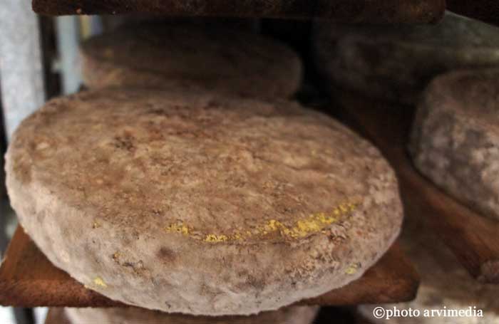 vente de tomme à la ferme Thônes  La croûte, toujours grise, est couverte de moisissures jaunes ou rouges